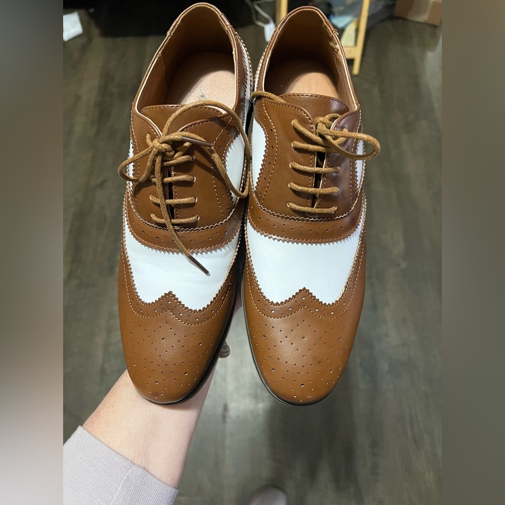 Brown and White Wingtip Oxford Shoes